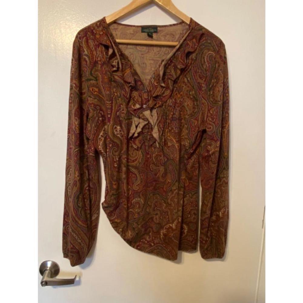 Ralph Lauren Brown Paisley Ruffle Neck Long Sleeve Blouse